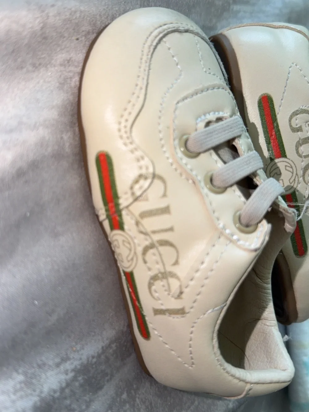 Gucci Kids Multi-Color GG Logo and White Leather T-Strap Sneakers